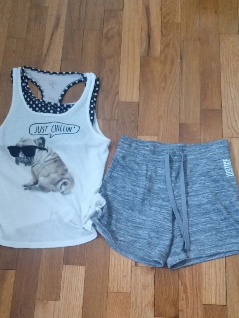 Graphic 'Just Chillin' Tank, built in sport bra with Gray sweat shorts, girl 10